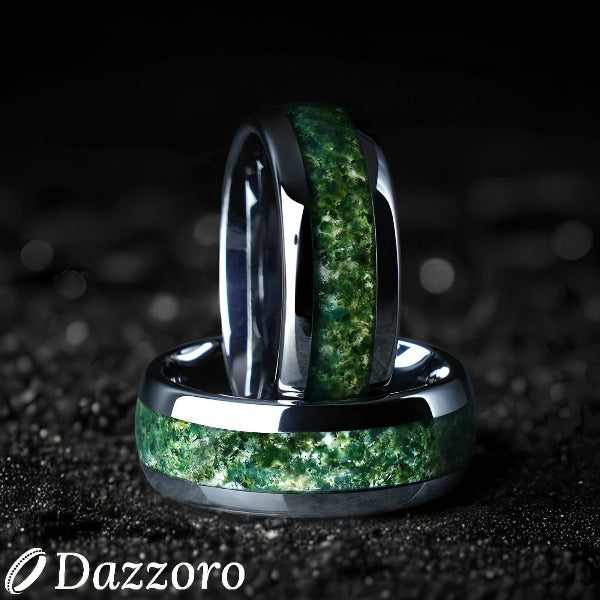 Moss Agate Silver Tungsten Ring