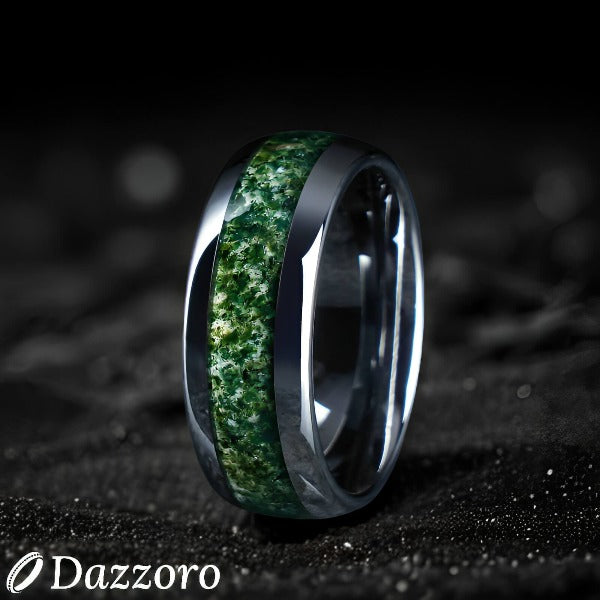 Moss Agate Silver Tungsten Ring