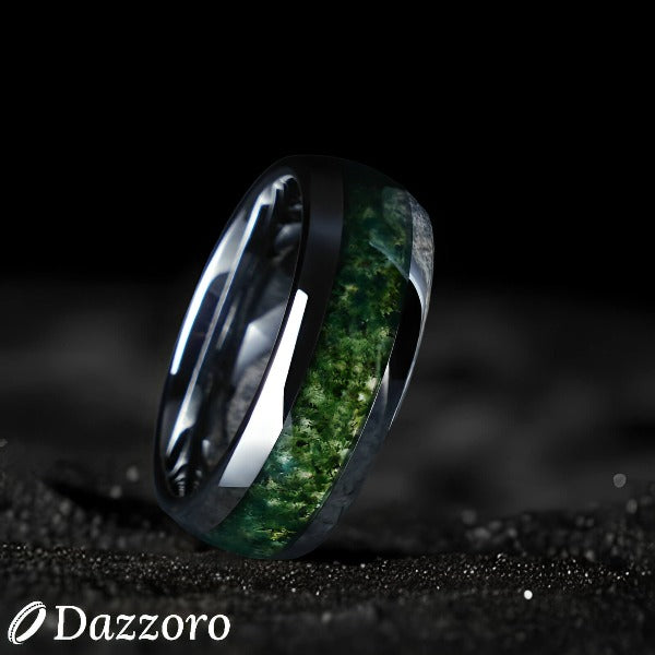 Moss Agate Silver Tungsten Ring